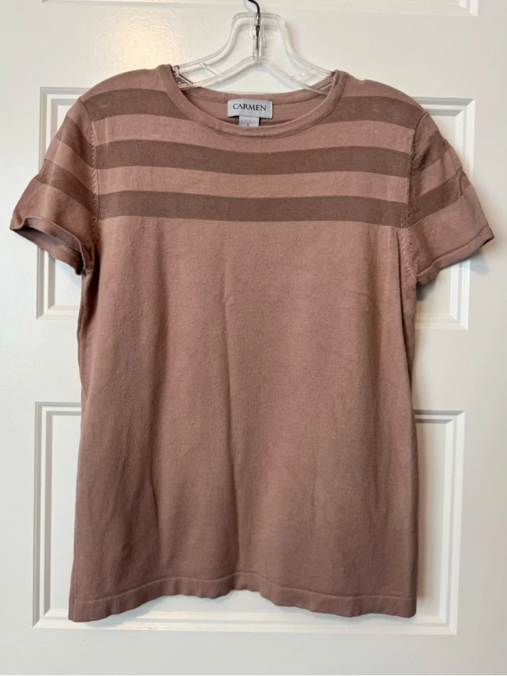Carmen Marc Valvo Knit Top Short Sleeve Striped Dusty Pink Size Large - Picture 1 of 5